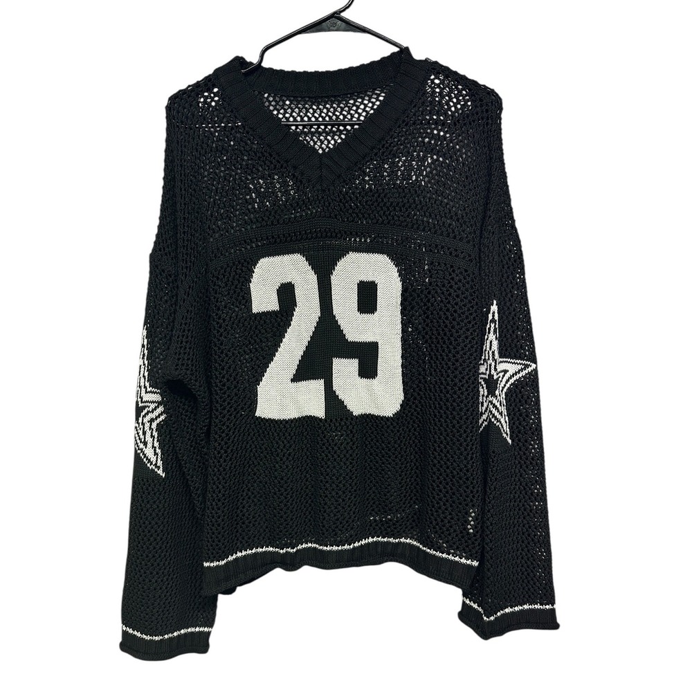 Black Crochet Hockey Football Jersey Sweater Boston Oversized Open Knit XL - Picture 2 of 6